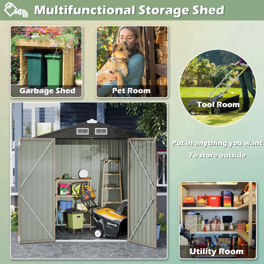 [Metal Storage Shed] 8x6ft (7.33'x5.28' Base, No Floor), 6 X 4ft, 10x12ft, 10x14ft, Metal Steel Outdoor Storage Shed with Air Vent & Lockable Doors, for Garden, Patio And Backyard, Tools, Bike
