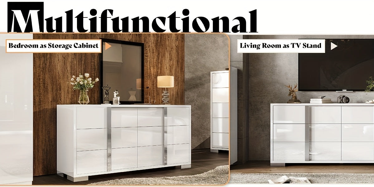 Modern 54" W High Gloss 6-Drawer Dresser with Silvery Handles, Spacious Storage Chest with Wide Top for Bedroom, Closet, Or Living Space