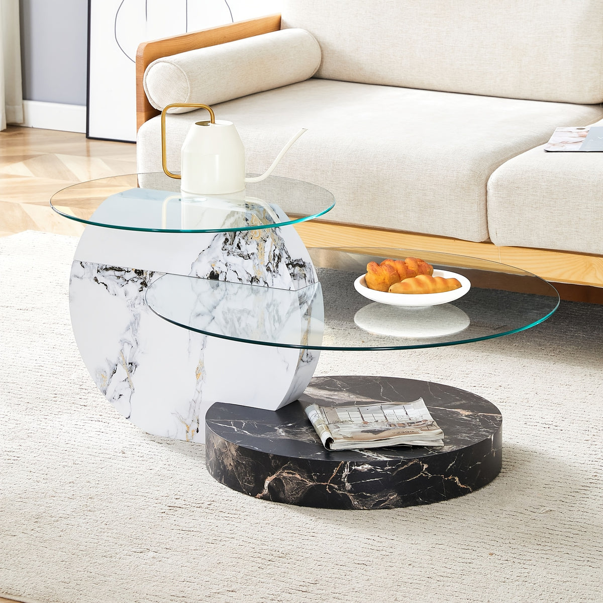 Glass Coffee Table for Small Spaces with Three-Tier Storage and a Clear Tempered Glass Top