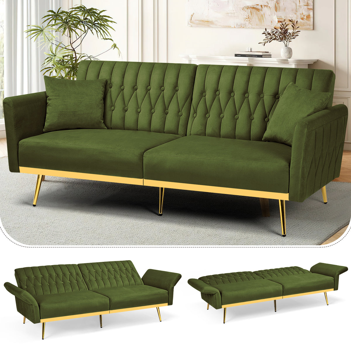 ACMEASE 70-Inch Velvet Convertible Sofa Bed with 2 Pillows, Adjustable Backrest And Armrest Tufted Sleeper Sofa with Golden Metal Legs for Living Room
