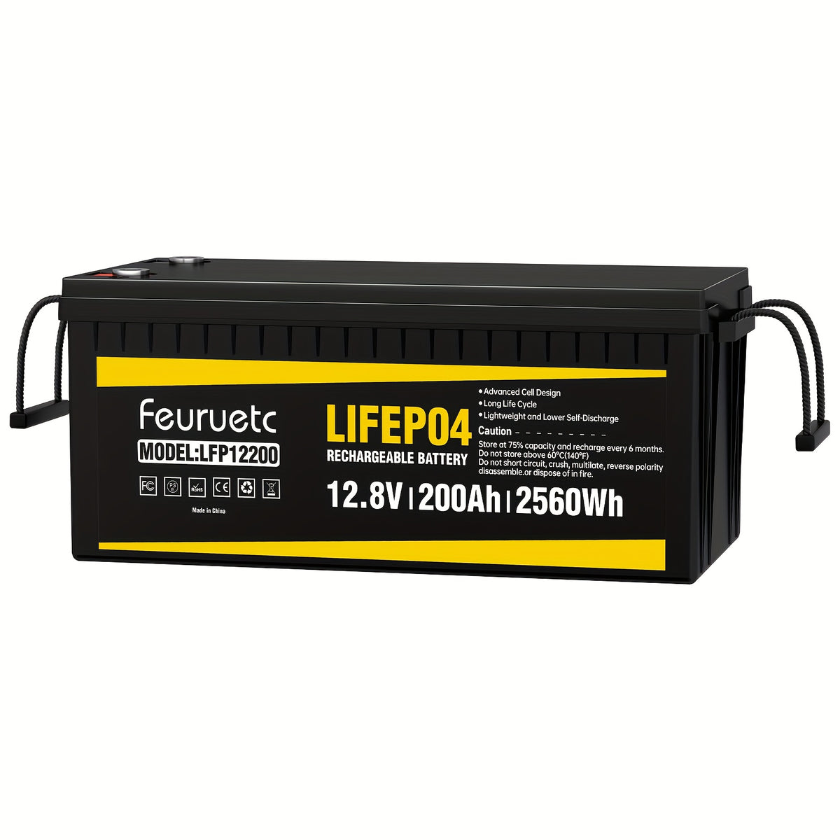 Feuruetc 12V LiFePO4 Lithium Iron Phosphate Battery, Available in 100Ah or 200Ah Capacity Options, with Built-in BMS, Over 15,000 Cycle Life. Suitable for Solar Systems, RVs, Golf Carts, Marine Applications, and Off-grid Power Supply. A Lightweight