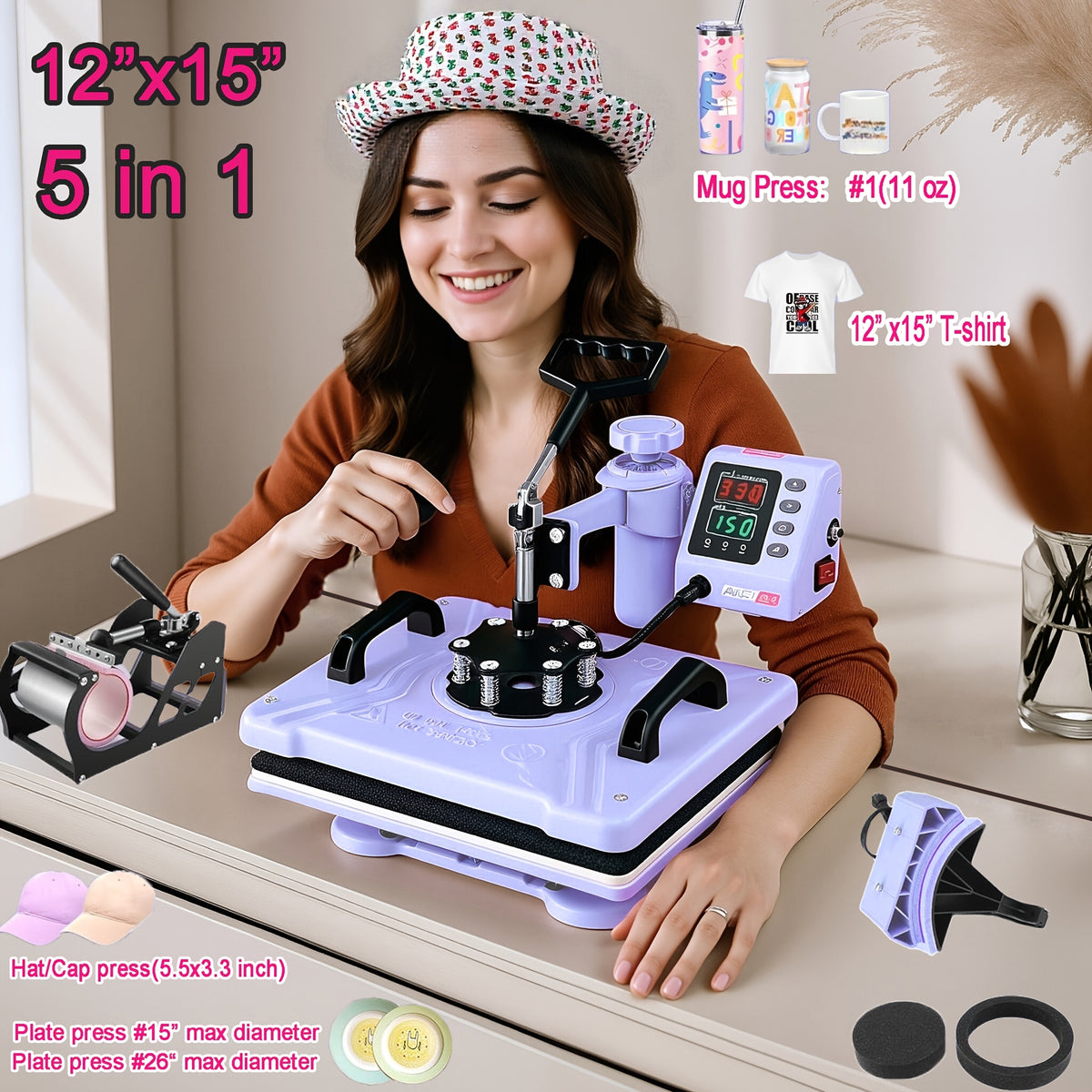15"x15"/12"x15" - 8-in-1/5-in-1 Heat Press Machine Combo, Rotatable Design, Multi-Size Transfer Sublimation Combo, Suitable for T-shirts, Bags, Pillows, Hats, Beanies, Rollers - The 3-in-1 Automatic Hat Heat Press Can Only Press Hats