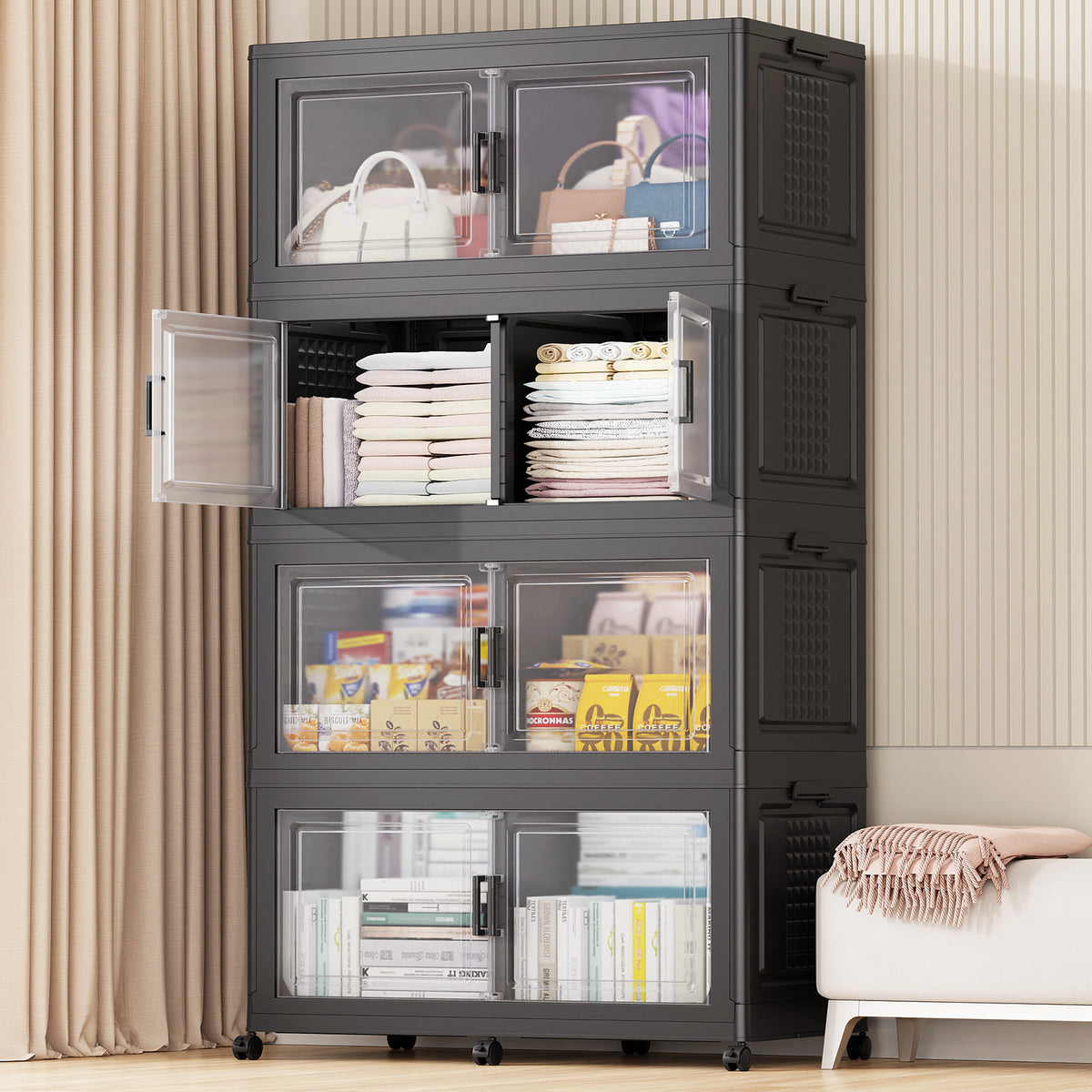 Collapsible Storage Bins with Clear Front Doors — BROVIEW V40 Stackable 3- or 4-Pack on Wheels