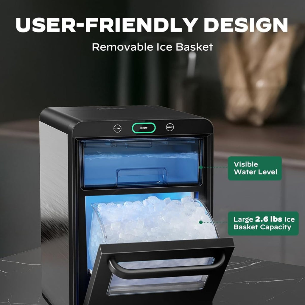44 LBS Nugget Ice Maker Machine, Desktop ice maker, with front-pull-out water tank and removable basket, suitable for home/ kitchen/ camping, stainless steel