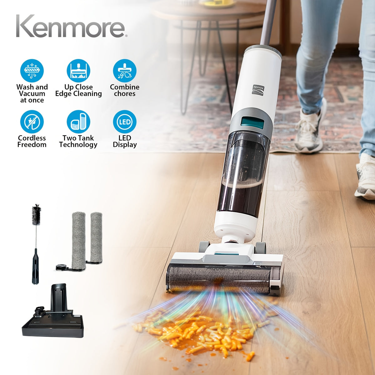 [3-in-1 Self-Cleaning Mop] Kenmore AquaLite 3-in-1 Cordless Wet Vacuum 8kPa Hard Floor Cleaner with Automatic Air-Drying, 35mins Runtime & One Edge Self-Cleaning Mop 0.8L Capacity for Multi-Surface And Messes, White