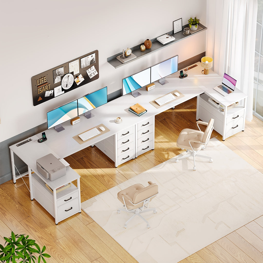 55-inch L-shaped Computer Desk with 6 Fabric Drawers and Power Outlets, Featuring a Flip-up Storage Shelf and File Drawer, a Home Office Corner Desk