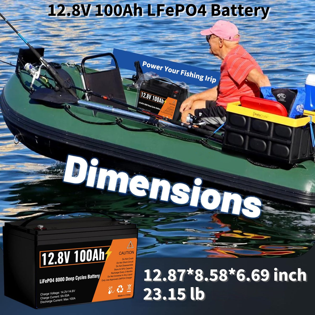 12.8V 100Ah LiFePO4 Lithium Deep Cycle Battery, Built-in 100A BMS,Grade A Battery Cell, 10-Year Lifespan, for wheelchairs, emergency lighting, RV/outdoor camping, marine, golf carts, trolling motor, home energy storage, computer power backup, off-grid app