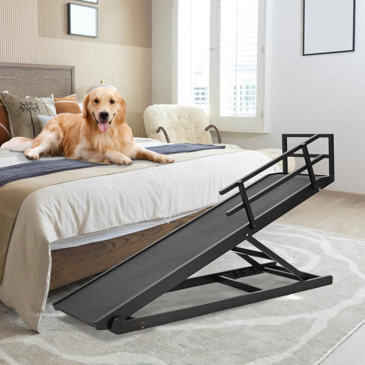 Dog Ramp, Adjustable Height Wooden Folding Pet Ramp for Bed, Couch,SUV-High Traction, Portable Paw Ramps for Small & Large Old Dogs & Cats - Furniture Quality