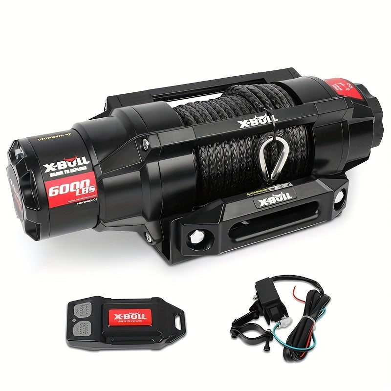 X-BULL New 12V DC 3000/5000/6000/13500Lb Electric Winch for Towing ATV/UTV, Boat, Off Road, Corded Control Recovery, Portable Synthetic Rope Electric Winch with Hawse Fairlead