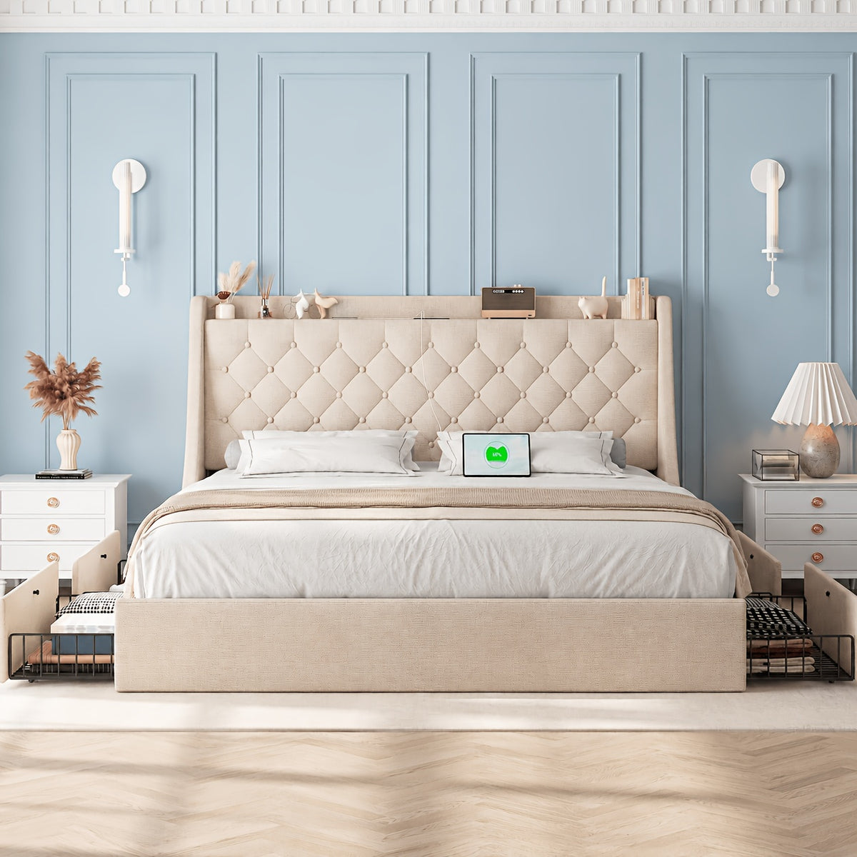 Bed Frame with Charging Station, Linen Fabric Storage Headboard, Storage Drawers on Both Sides, Solid Wood Slats Support