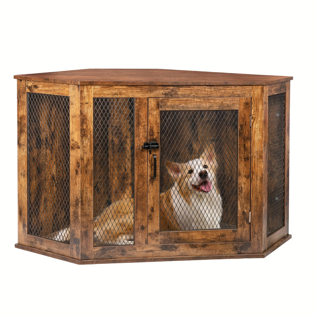 [Wooden Dog Kennel Furniture] Corner Dog Crate Furniture, 44/52Inch Wooden Dog Kennel Furniture with Mesh, Decorative Wood Dog House for Indoor Use, Dog Crate for Small/Medium Dog, Perfect for Limited Room