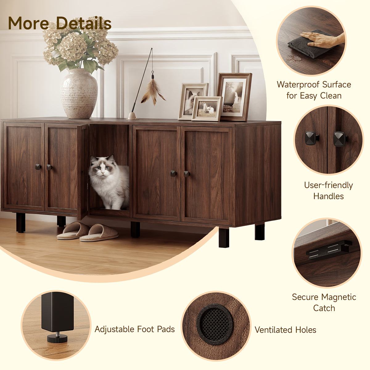 [Cat Litter Box Enclosure] 59 Inches Cat Litter Box Enclosure for 2 Cats, Hidden Litter Boxes Furniture with Cat Scratch Pad, Large Indoor Cat House with Double Room, Wooden TV Stand Side Table, Black