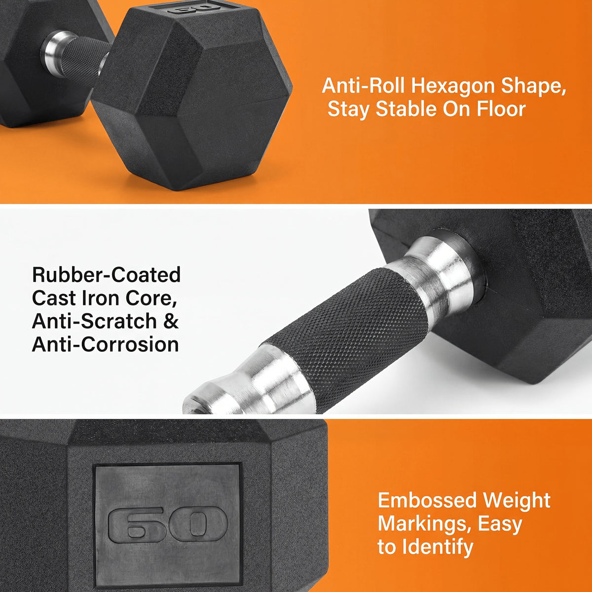 2pcs 60lb/65lb/70lb/75lb Hexagon Rubber Coated Cast Iron Dumbbells, Anti-Slip Grip, Rubber Grip Dumbbells, Rubber Coated Cast Iron