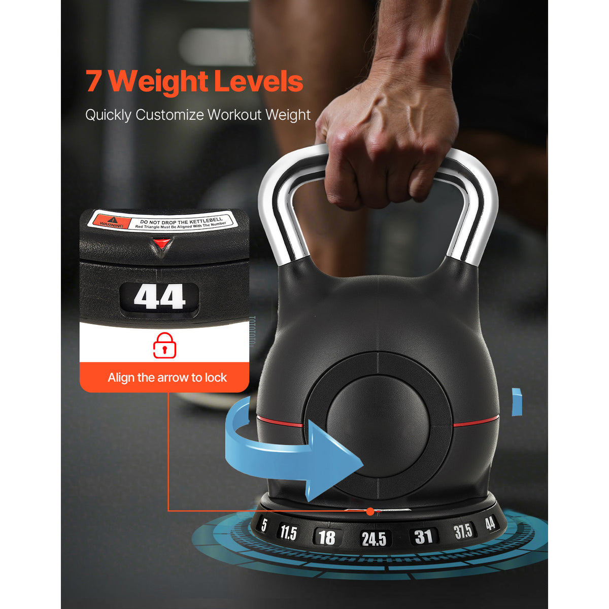 VEVOR Kettlebell, Adjustable Kettlebell with 7 Weight Levels (5, 11.5, 18, 24.5, 31, 37.5, 44 lbs), Die-Cast Aluminum and ABS Material, for Grip Strength Training, Full-body Workout & Cross-Training