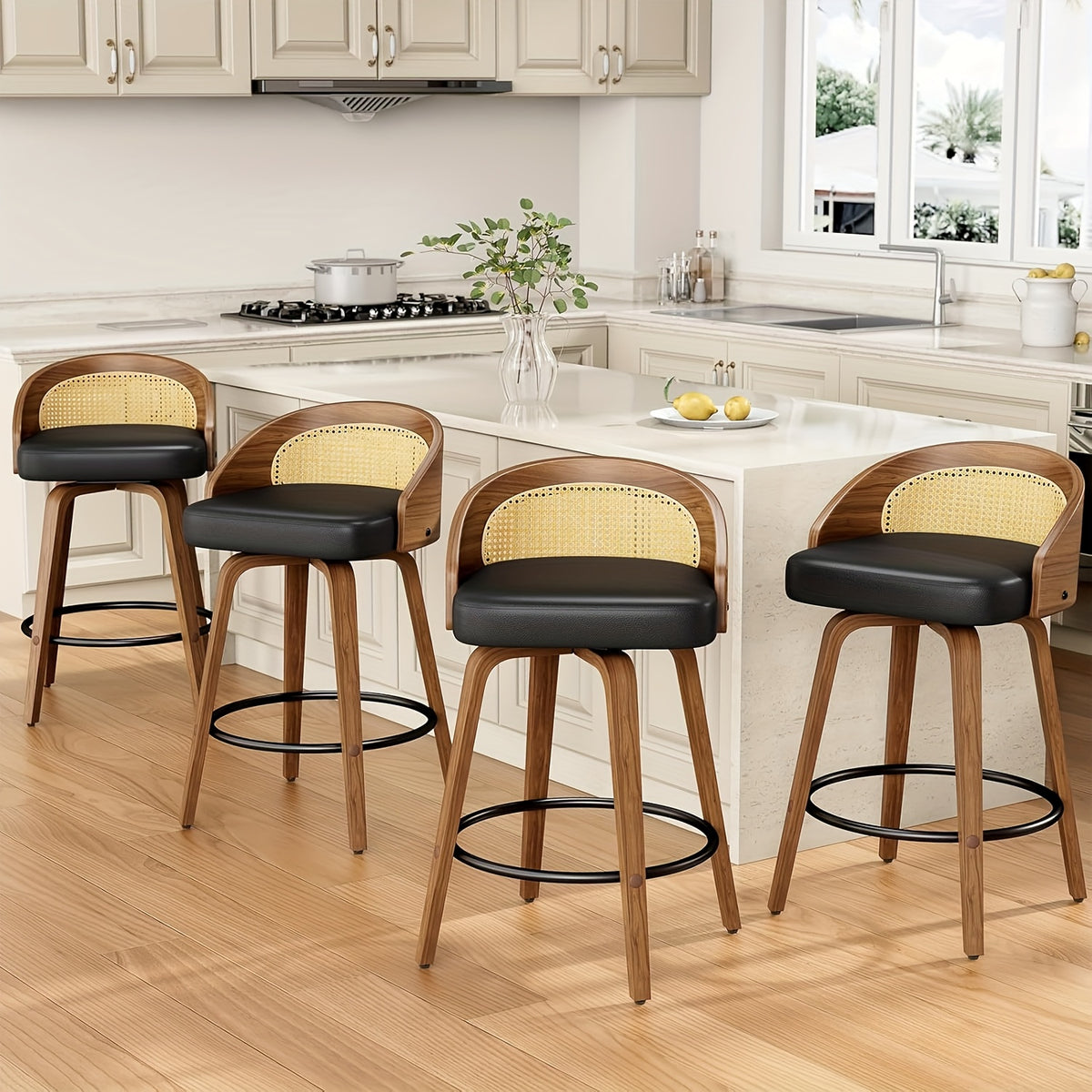 3/4pcs Modern Upholstered Bar Chair Set, 26" Counter-Height Stools With Thick Soft Cushion, Ergonomic Back Support, Solid Wood Legs & Footrest For Kitchen Island