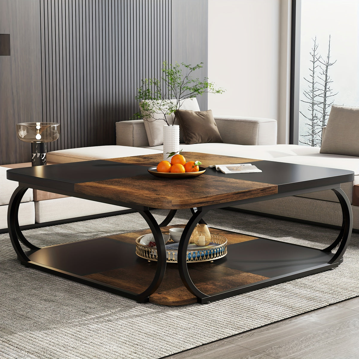 Coffee Table with Open Storage Shelf, 39-Inch Two-Tier Center Table in Rustic Gray or Brown for Living Rooms
