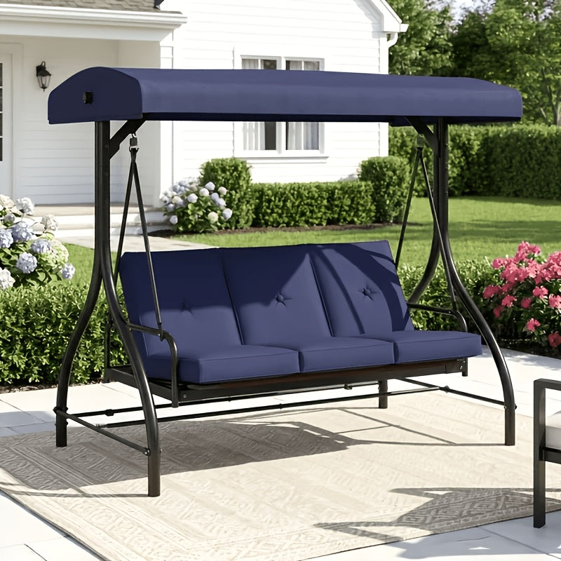 3 Person Patio Porch Swing Outdoor Converting Swing Glider Hammock with Adjustable Canopy, Cushions for Outside Backyard, Garden(Pillow Not Included)