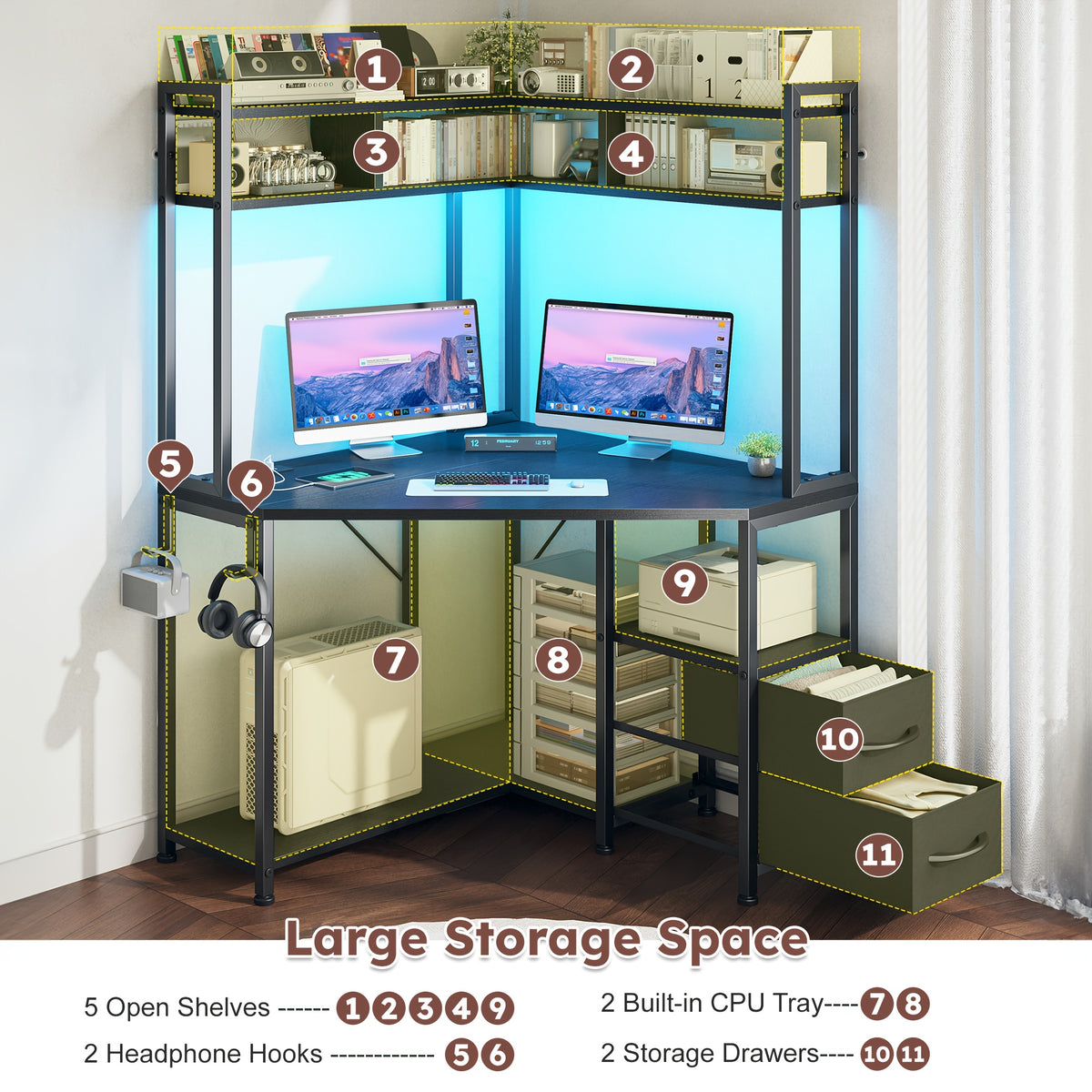 Computer Desk with Hooks And Storage, Ample Storage Space, Suitable for Various Space Uses
