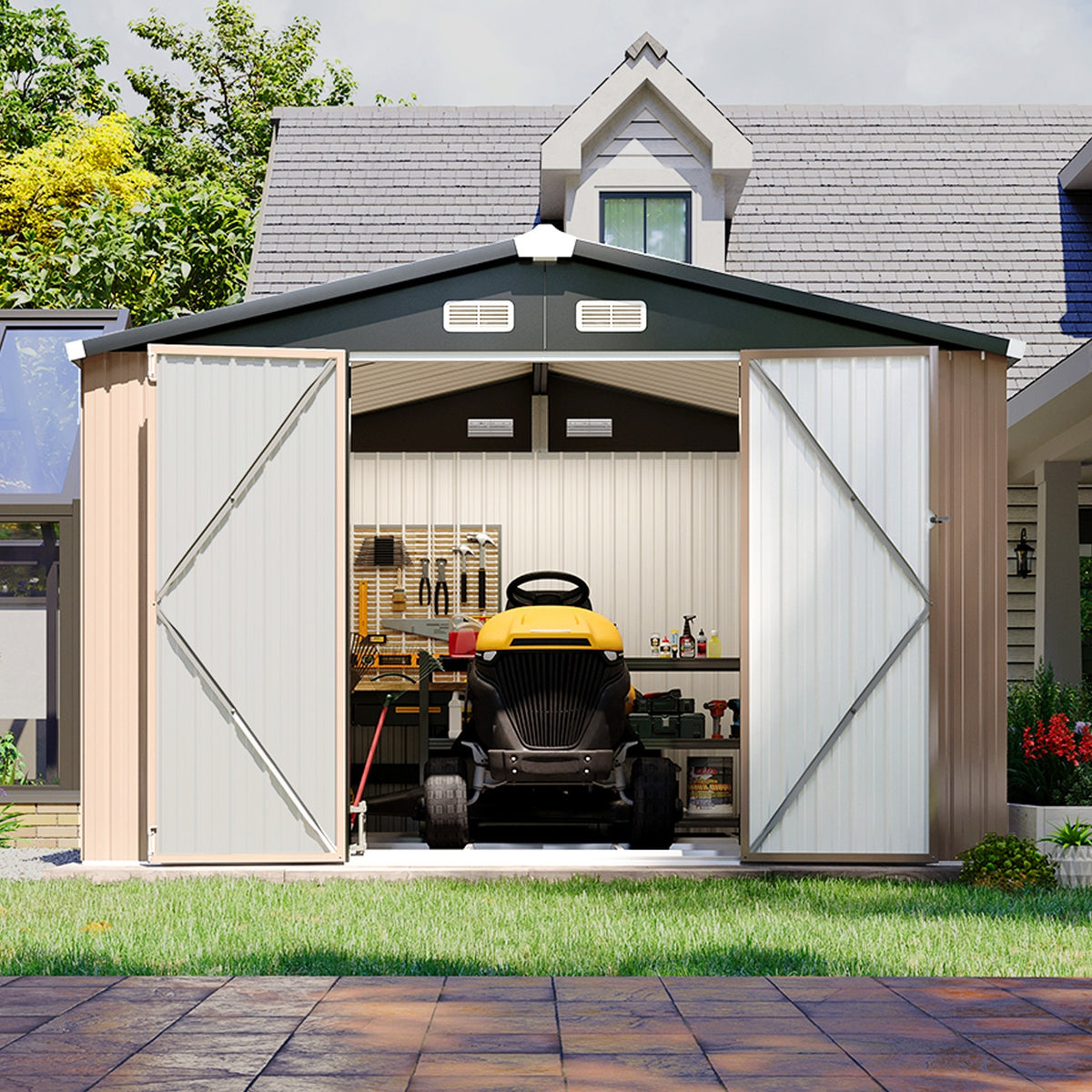 ULSMVOC 12X20X9.3/10X12/6X4 FT Metal Storage Shed - Outdoor Garden Shed Kit, Lockable Tool Shed, Backyard Shed with Double Hinged Doors, 4 Windows, Carport for Car, Truck, Bike And Lawn Mower & Equipment, Brown