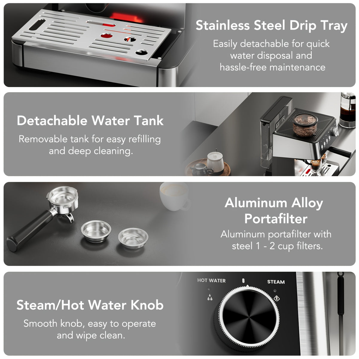 All-In-One Espresso Machine With Built-In Grinder, 15-Bar Pressure, Steam Milk Frother Wand, Cappuccino & Espresso Maker With Hot Water Dispenser
