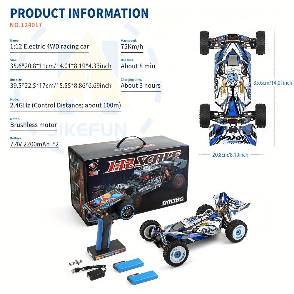 Wltoys 124017 75KM/H 4WD RC Car Professional Racing Car Brushless Electric High Speed Off-Road Drift Remote Control Toys for Boys with 2 Batteries