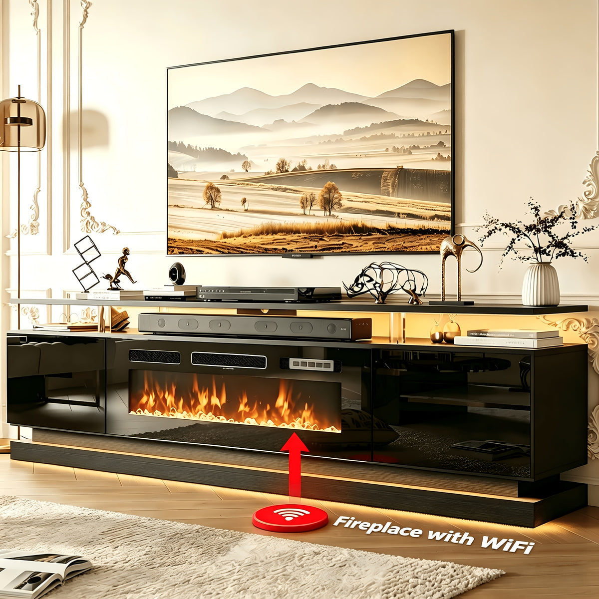 Fireplace Tv Stand with 36 Inch Fireplace, 70"/80" Modern Entertainment Center with LED Lights, Entertainment Center And Storage for Living Room