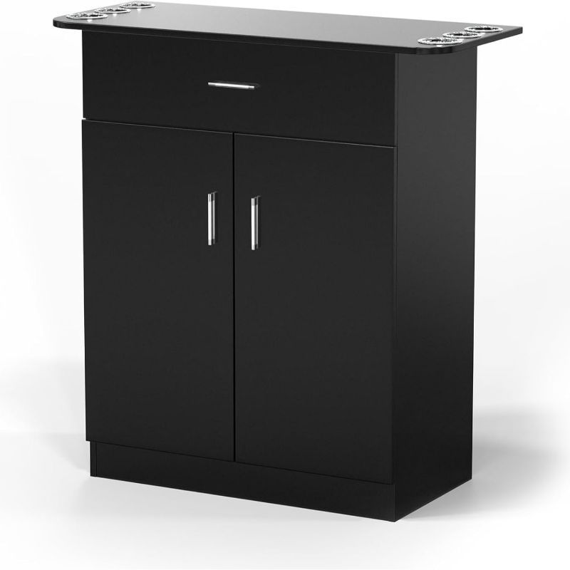OmySalon Professional Salon & Spa Storage Station - Free Standing Barber Cabinet with Drawer, Large Storage Compartment, and 6 Hair Dryer Holders - Durable PVC, Hypoallergenic, Black