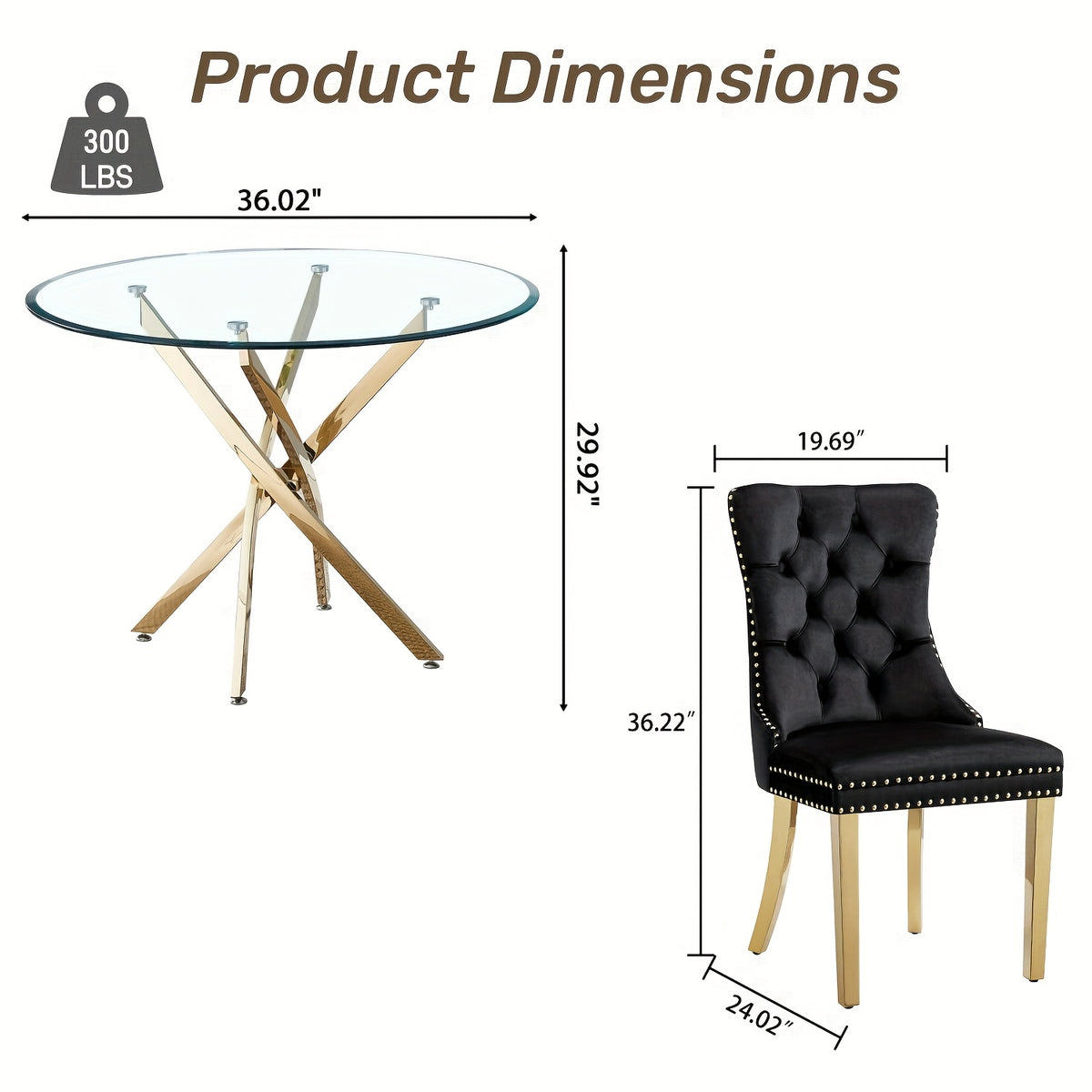 5/3/1pc Round Dining Table Set, Modern Tempered Glass Dining Table With Velvet Dining Chairs, 36" Kitchen Table With Stainless Steel Base For Living Room, Dining Room, Kitchen, Office, Lounge