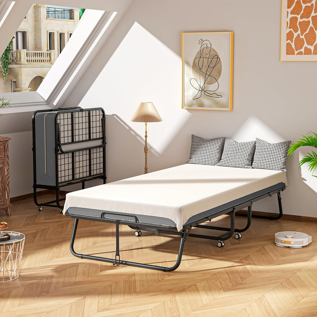 Compact & Durable 4-Section Folding Bed with Grey Fabric Cover - Sturdy Metal Frame, 75" x 31", Portable Roll-Away Design for Adults, Ideal for Guests, Students, Camping & Small Apartments, Garden Houses