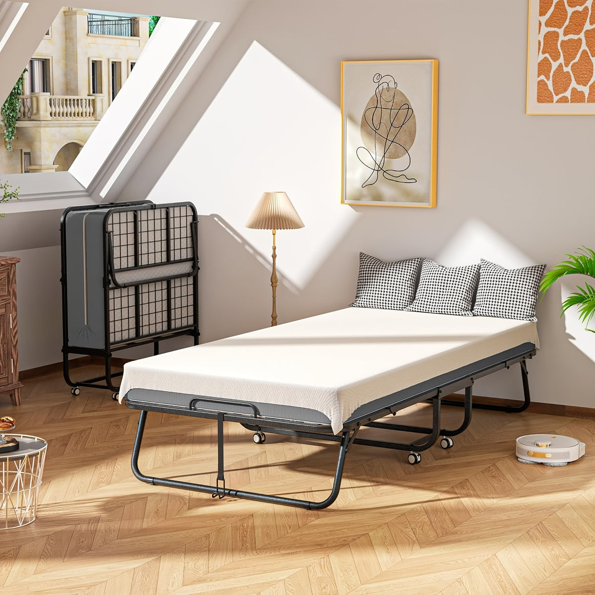 Compact & Durable 4-Section Folding Bed with Grey Fabric Cover - Sturdy Metal Frame, 75" x 31", Portable Roll-Away Design for Adults, Ideal for Guests, Students, Camping & Small Apartments, Garden Houses