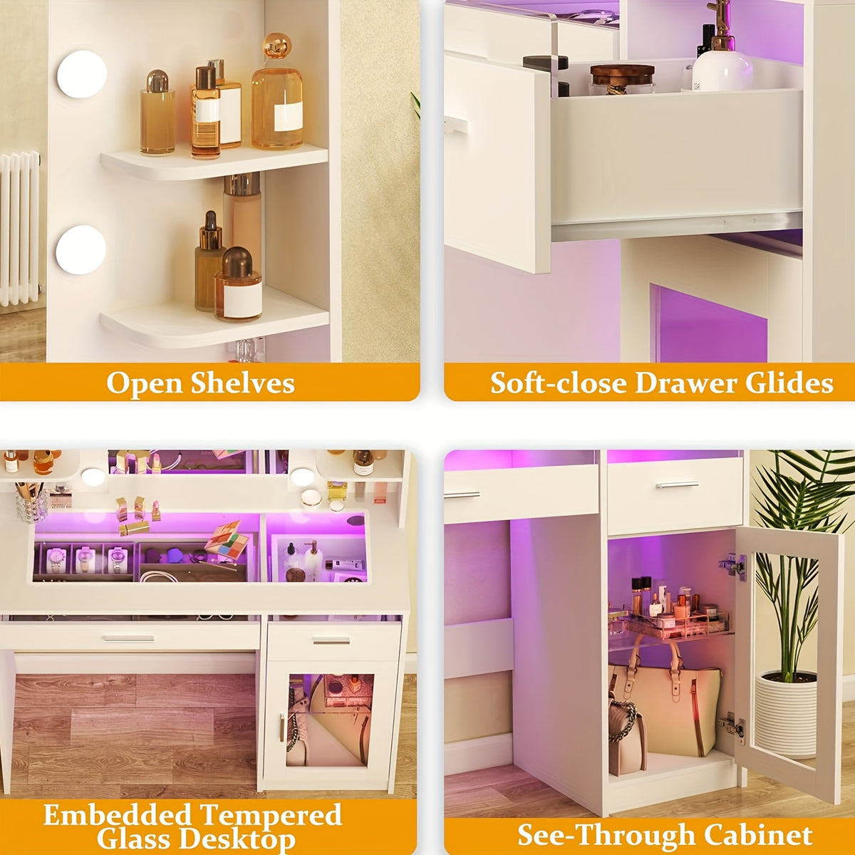 WHONLINE 1pc Vanity Desk with Mirror And Lights, Makeup Vanity Desk with Lights 3 Colors, Bedroom Vanity with Multiple Drawers, And Open Storage Space, Power Outlet, for Bedroom, White, Heavy Duty Dresser, for Halloween And Christmas