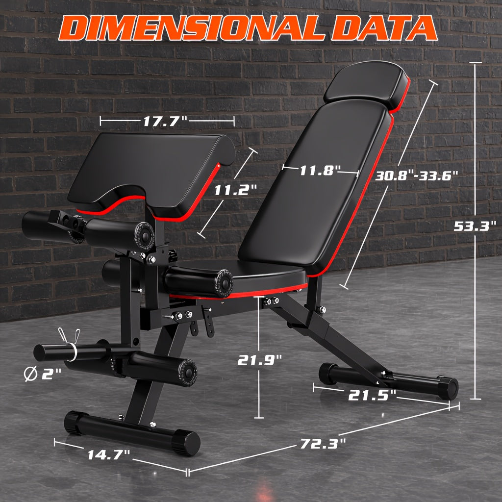 Adjustable & Multifunctional Workout Bench, 800Lbs Weight Capacity, Heavy Duty Weight Bench for Home Gym with Cushion Headrest, Leg Developer, Preacher Curl Pad, Foldable Design Strength Training Bench