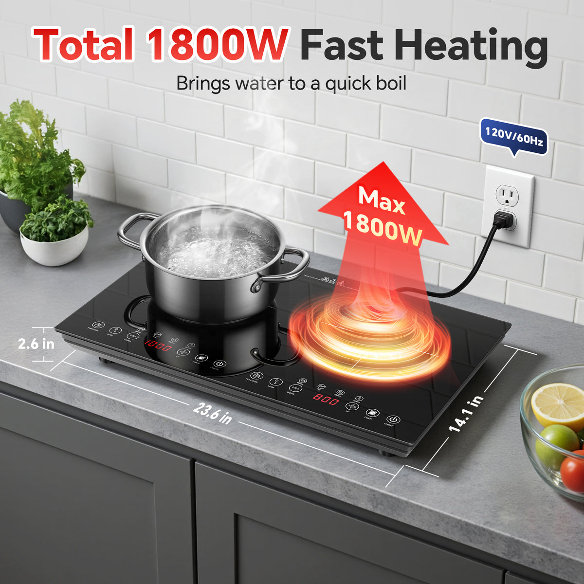 Portable Induction Cooktop 2 Burners, 1800W Double Induction Cooker with 8 Power Settings, 4 Pre-Set Modes, Ultra Thin Design, Sensor Touch Control, Child Safety Lock & Timer, Kitchen Electric Cooktop