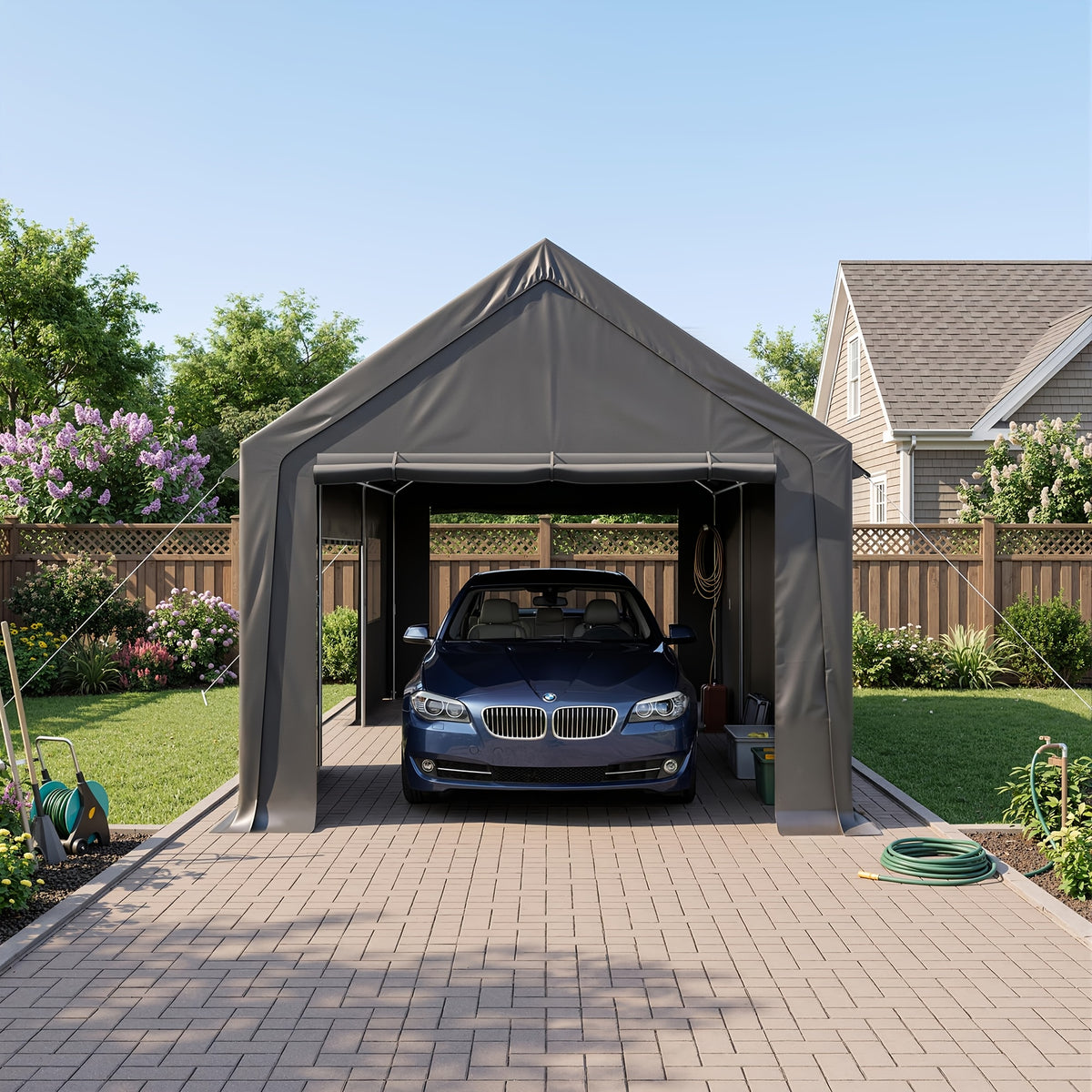 12X20 FT Heavy Duty Carport Canopy with Enhanced Base & Side-Opening Door, Portable Garage for Cars, Trucks, And Boats, Black