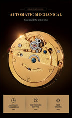 ROCOS Men's Watches High-end Business Watch for Men Automatic Mechanical Watch Classic Big Three Hands Golden Case Calfskin Strap Double Push Butterfly Buckle Calendar Day Of The Week Gift for Boyfriend