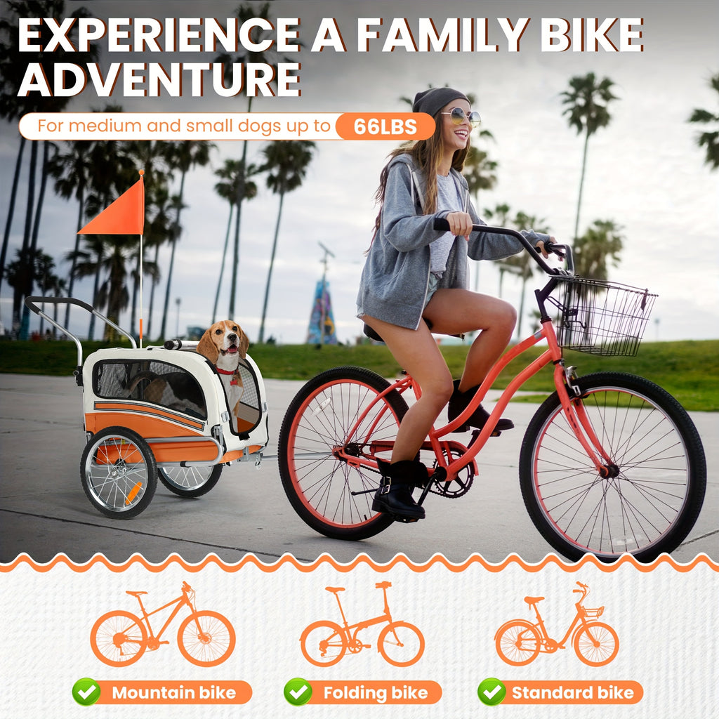 2in 1 Pet Bicycle Trailer with A 6" Stroller Wheel Suitable for Small And Medium Dogs, Carrier Up to 66 LBS, Easy Folding Cart Frame, Quick Release Wheel, Universal Bicycle Coupler