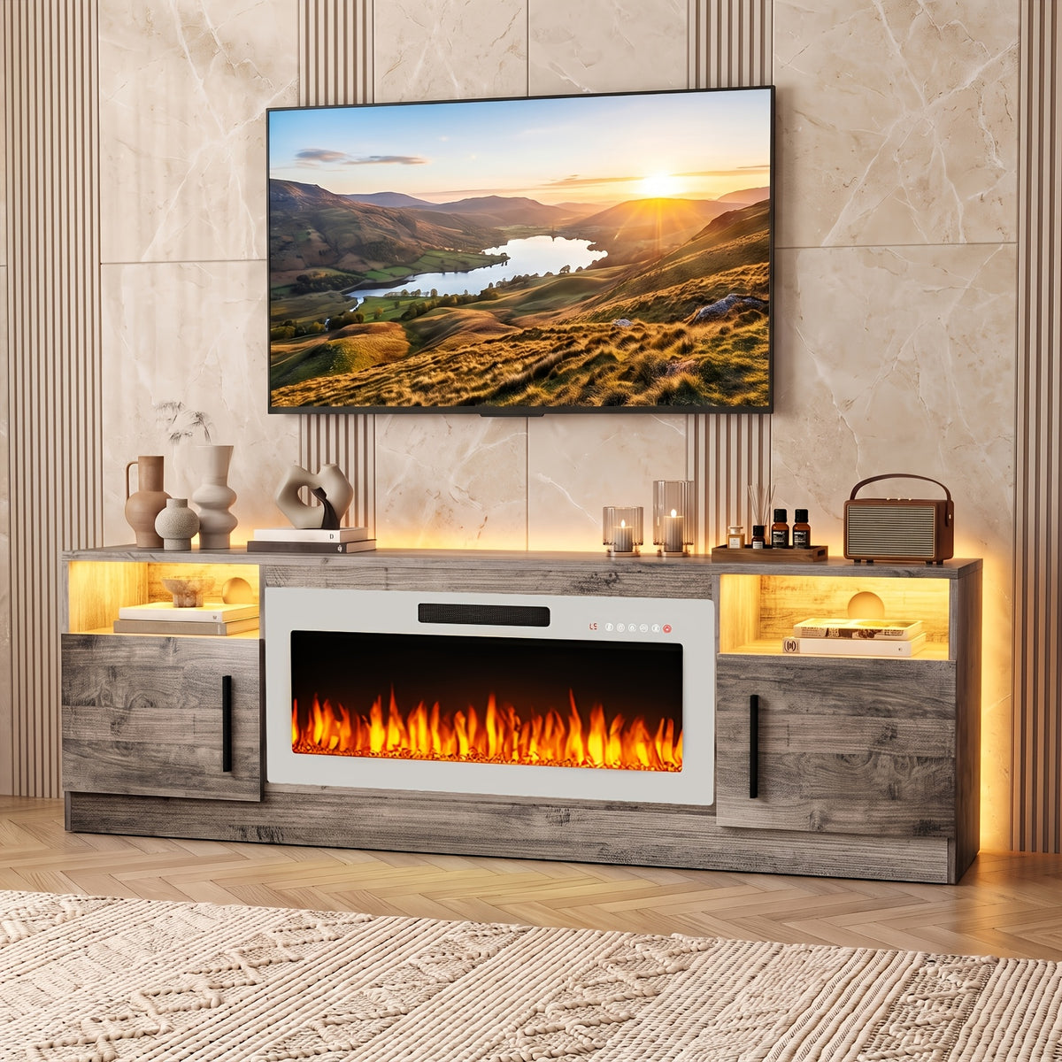 Fireplace TV Stand Entertainment Center with 36" Fireplace, Media TV Console with High Gloss Storage Cabinet And 16 Colors LED Lights, 70" Wooden TV Stand for TVs Up to 80"