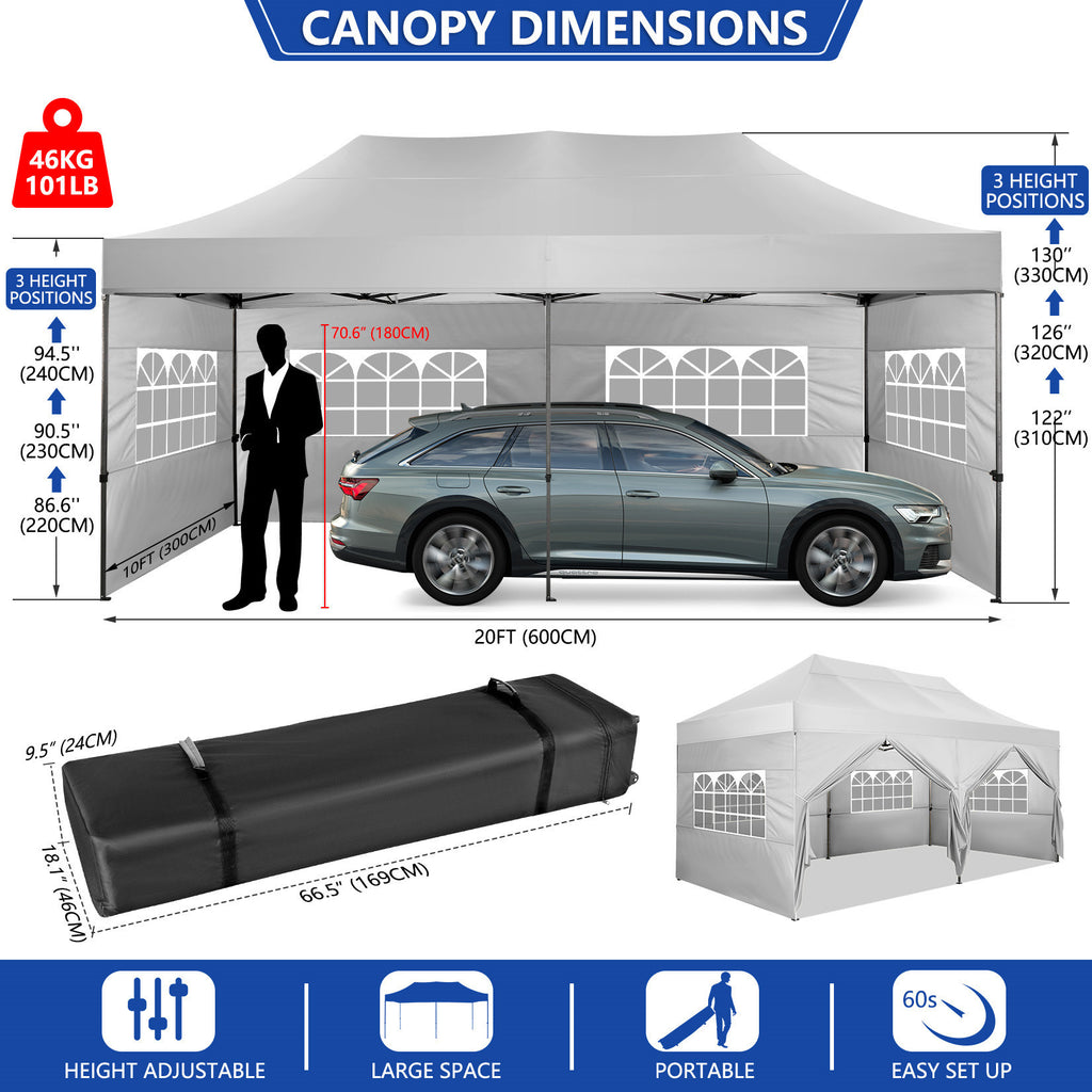 10x20 Pop Up Canopy Tent, Heavy Duty Canopy with 6 sidewalls, Easy Up Commercial Outdoor Canopy, Wedding Party Tents for Parties, All Season Wind & Waterproof Gazebo with Roller Bag, Pop Up Canopy for Wedding, Commercial Areas, Playgrounds, etc