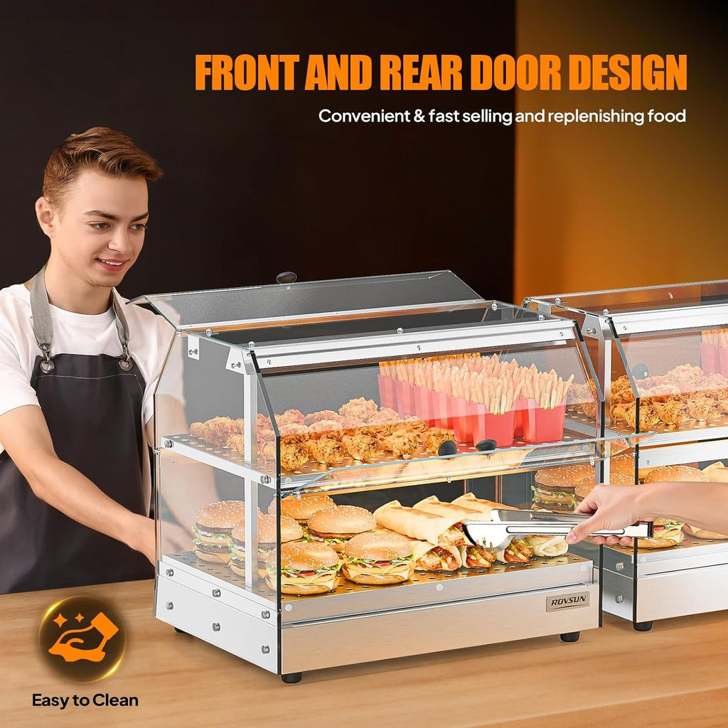 2-Tier Food Warmer Pizza Warmer Countertop, Food Warmer Display Pretzel Warmer with LED Lighting Front and Rear Doors, Electric Catering Hot Box Acrylic for Buffet Restaurant Cafe