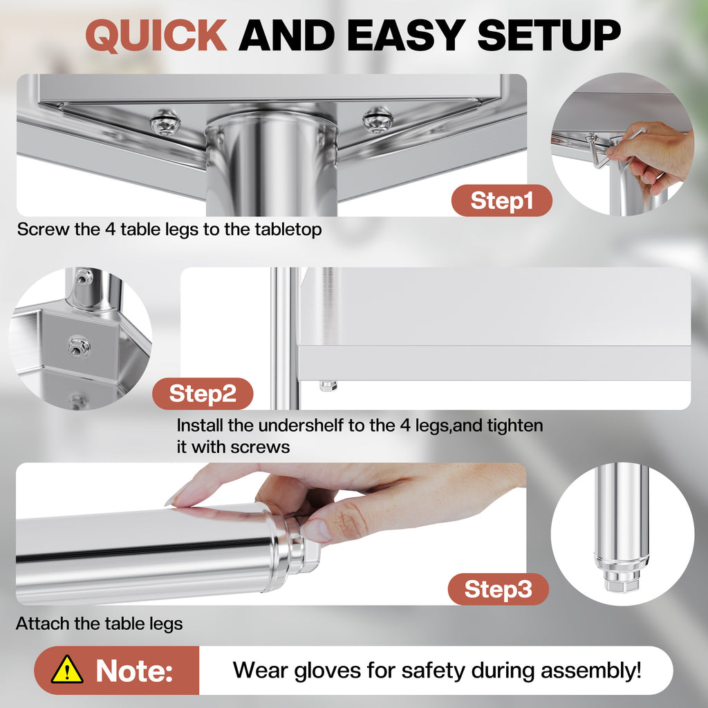 30×48–30×108 Inch Stainless Steel Commercial Work Table with Rounded Corners Adjustable Shelf And Feet for Kitchen Garage Gardening