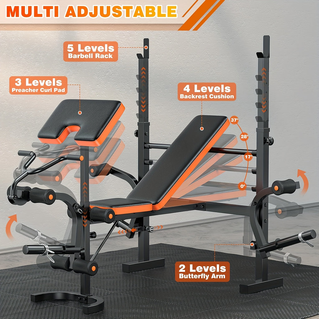 6-In-1 Heavy Duty Weight Bench Set with Adjustable Squat Rack, Leg Developer, And Preacher Curl Pad | Professional & Foldable for Full Body Workout | 600Lbs Capacity for Strength Training
