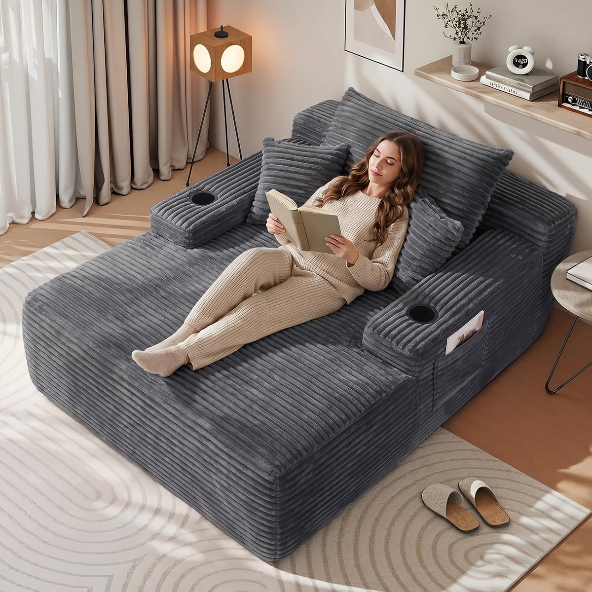 65-Inch Oversized Boneless Chaise Lounge with Cup Holders and Side Pockets, Includes 3 Pillows