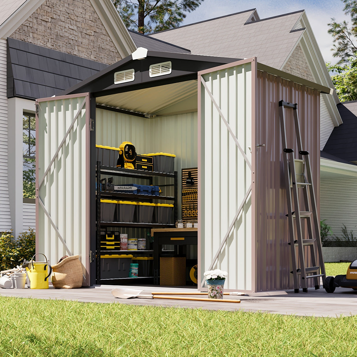 Outdoor Storage Shed in Brown, Galvanized Metal Organizer with Lockable Double Doors and Five Configuration Options
