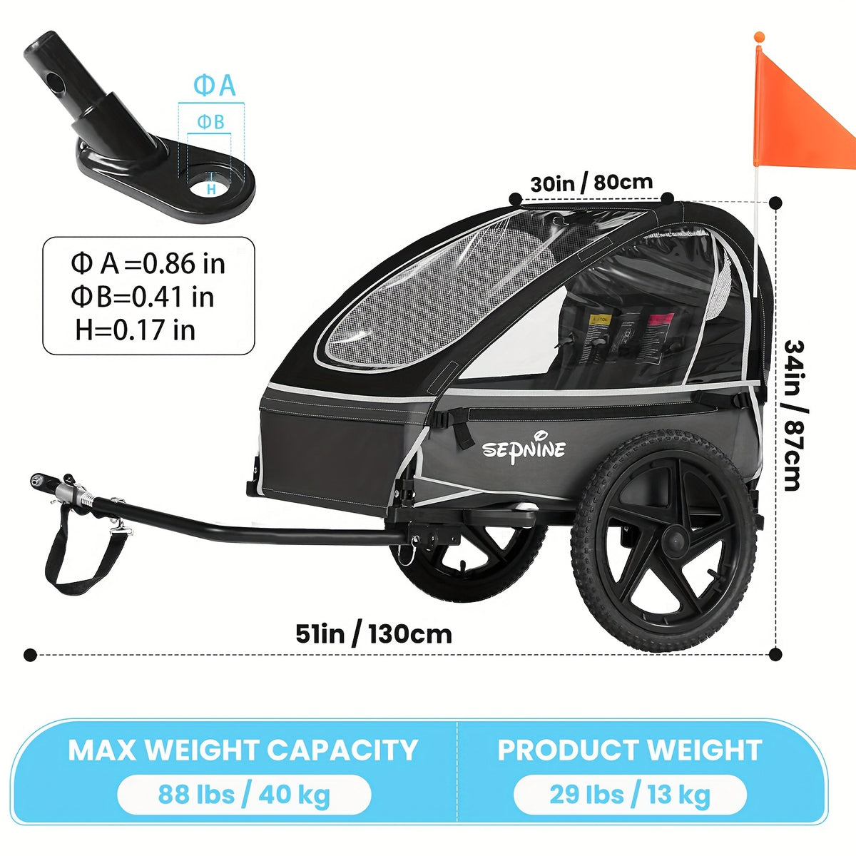 Bicycle Trailer, Double Seat Trailer, Large Tires, Foldable for 1 to 2 People, Maximum Load Capacity 88.18LB