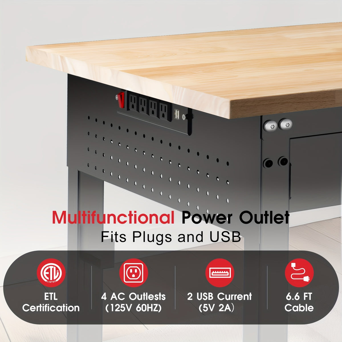 [Heavy Duty Workbench] 48"×24" Heavy Duty Workbench With Wheels, 2000 LBS Load Capacity Thick Solid Wood Work Table With Power Outlets, Pegboard, Work Bench For Garage, Office, Home, Workshop, Commercial