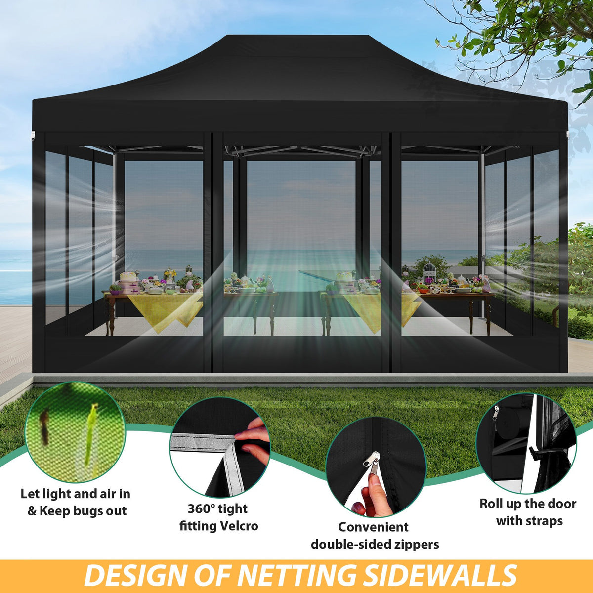 Hoteel 10x15 Heavy Duty Pop Up Canopy Tent with 4 Sidewalls, Commercial Gazebo Party Tent with Mosquito Netting Wall Easy Up Outdoor Instant Screen Tent for Backyard, Beach, Patio, Garden
