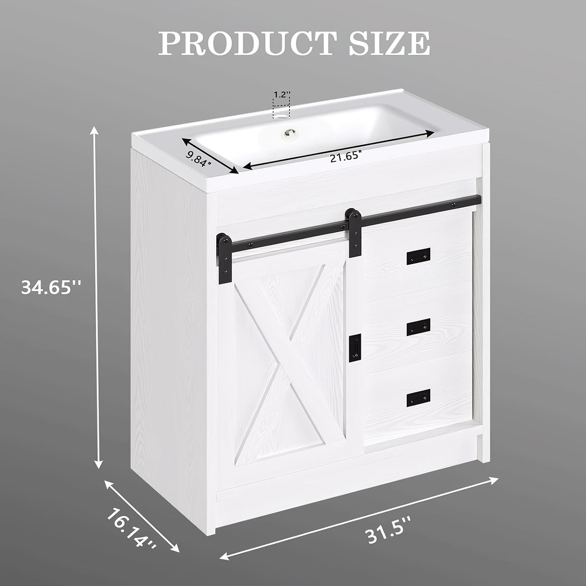 [Farmhouse Vanity With Sink] 31-Inch Farmhouse Style Bathroom Vanity With Ceramic Sink, Wall-Mounted Bathroom Sink Cabinet, With 2 Drawers And Sliding Barn Door, Modern Bathroom Vanity, With Metal Handles, Brown/Gray/Gray-White/White