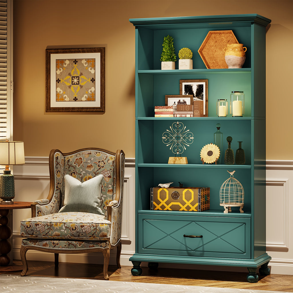 Modern 6-Shelf Bookcase with Drawer, 71 Inch Tall Floor Standing Bookshelf with Solid Wood Legs, 6-Tier Large Open Display Storage Book Shelf for Living Room, Bedroom, Home Office, Ocean Blue