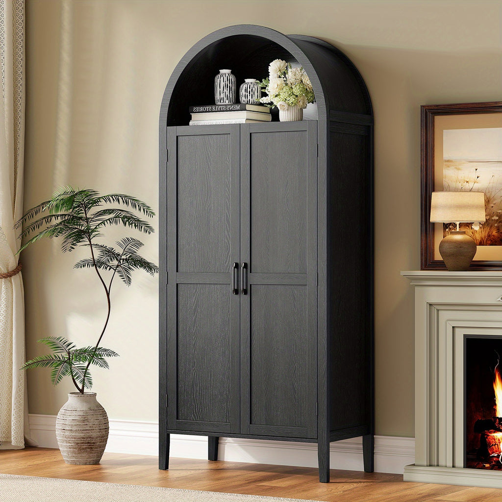 PAZCASA 71" Tall Arched Kitchen Pantry, Storage Cabinet with 2 Pull-Out Shelves, 6 Door Shelves, Organizer, Freestanding Modern Versatile Cupboard for Kitchen, Dining Room, Black/Natural