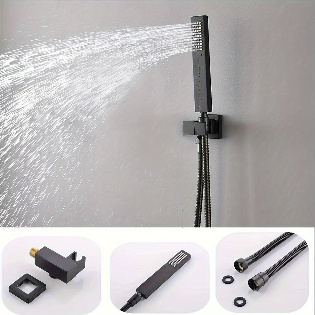 Thermostatic Shower System Set, Featuring a 14X20 Inch LED High-Pressure Rainfall Shower Head, a Luxurious Bathroom Combo with a Handheld Sprayer And Six Massage Body Jets, Including Rough-In Valve Body And Trim, Bathroom Additions in Matte Black